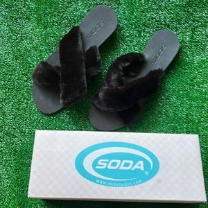 Fuzzy Black Soda Sandals